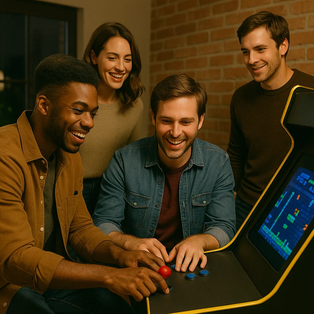 eine Gruppe von Menschen, die an Spielautomaten spielen